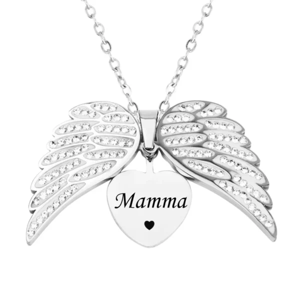 Collana in acciaio con ali d’angelo con incisione omaggio, collana con ciondolo a forma di cuore, gioielli commemorativi personalizzati con ali d’angelo per mamma/papà/nonna/lei