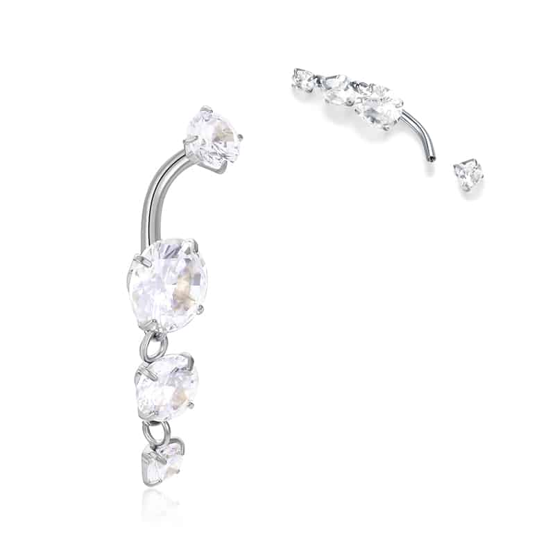 Piercing DA OMBELICO A Banana con Tre Cristalli Pendenti INCASTONATI IN ACCIAIO CHIRURGICO